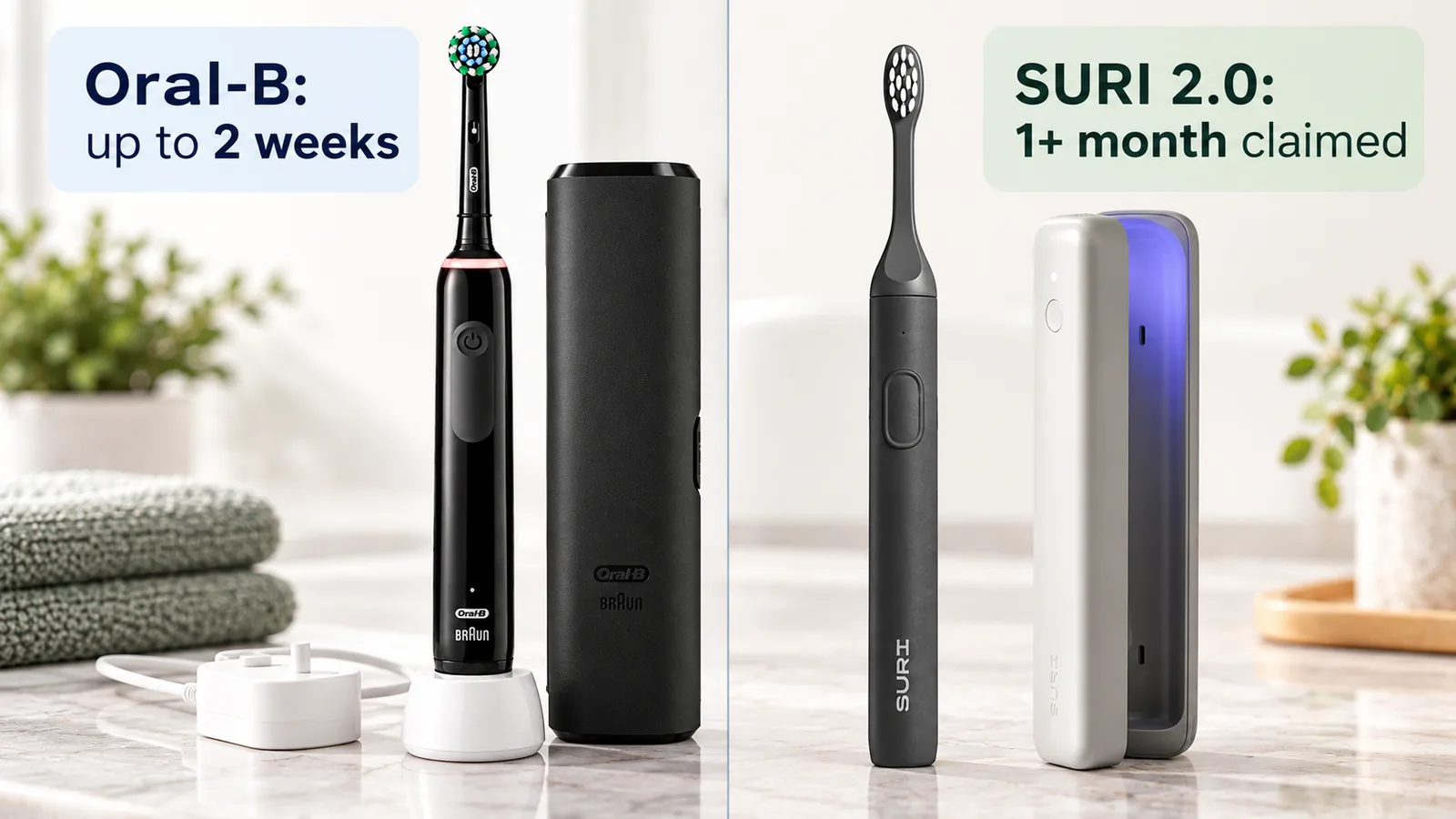 Oral-B Pro 3 3500 and SURI 2.0 shown with their charging and travel accessories.