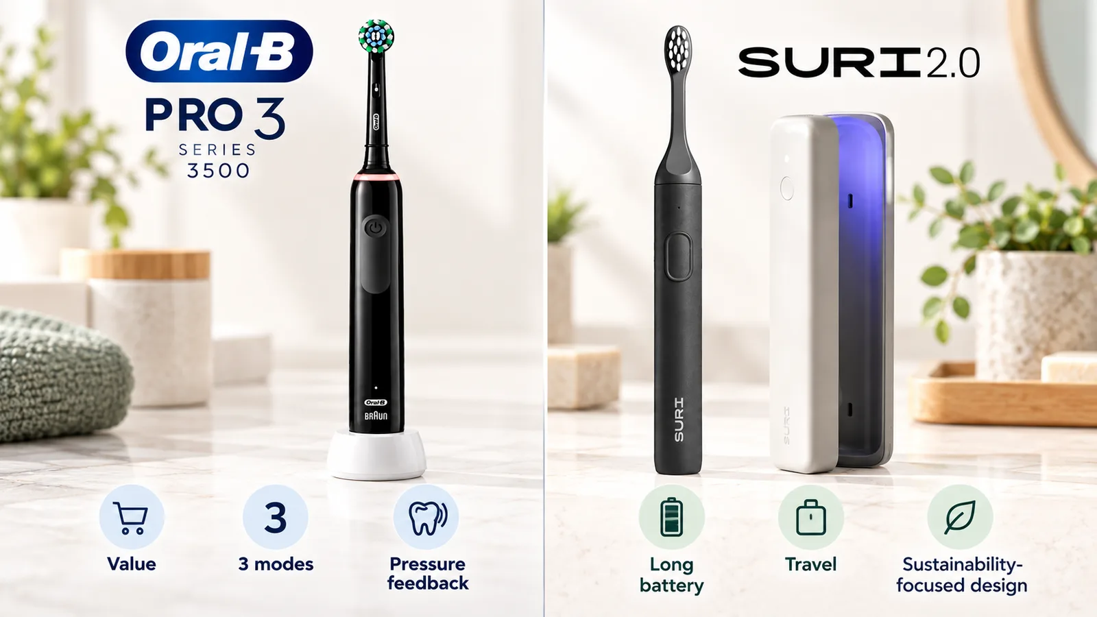 Oral-B Pro 3 3500 and SURI 2.0 compared by value, modes, battery, travel and sustainability.