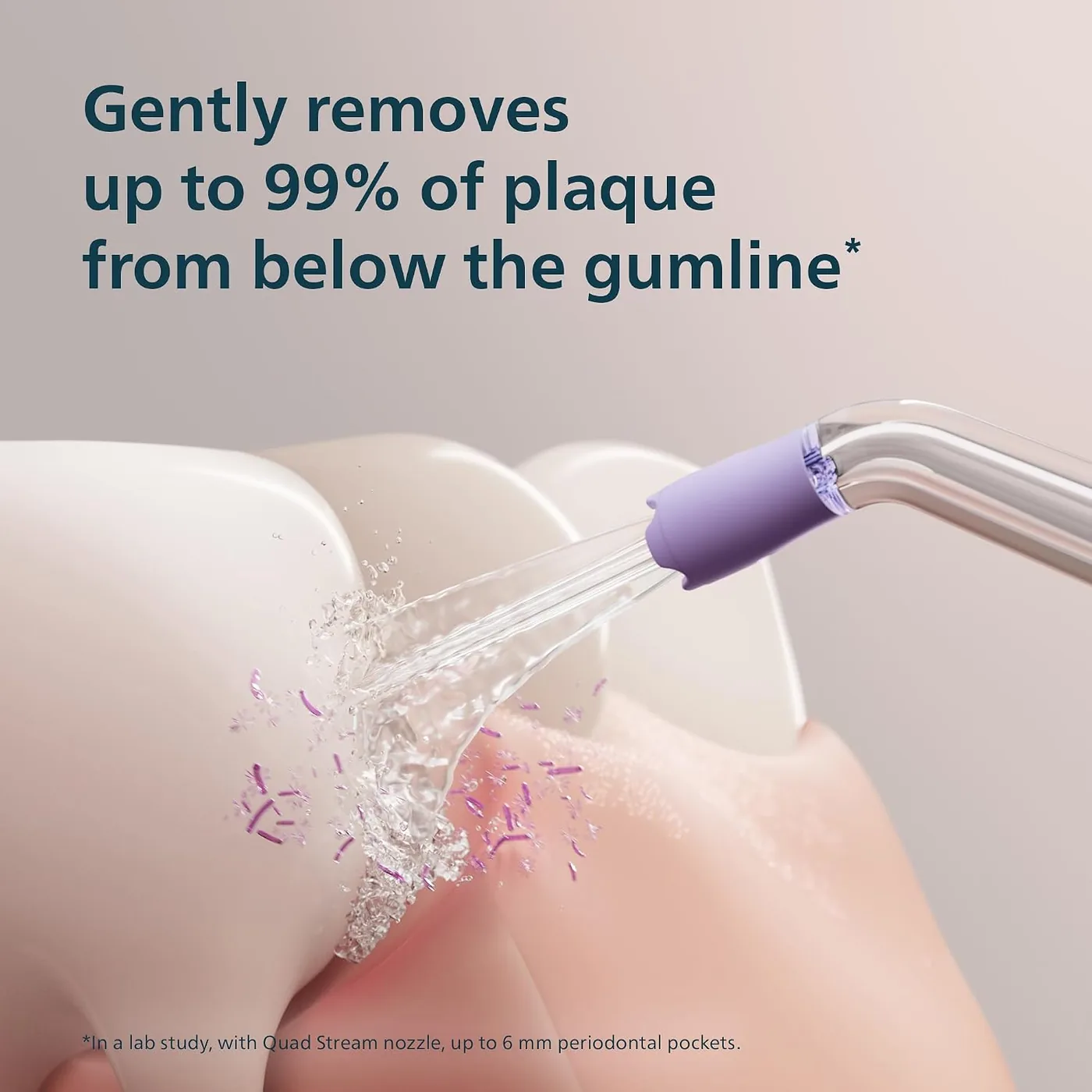 Manufacturer graphic showing the Philips Sonicare Power Flosser 3000 nozzle cleaning between teeth below the gumline