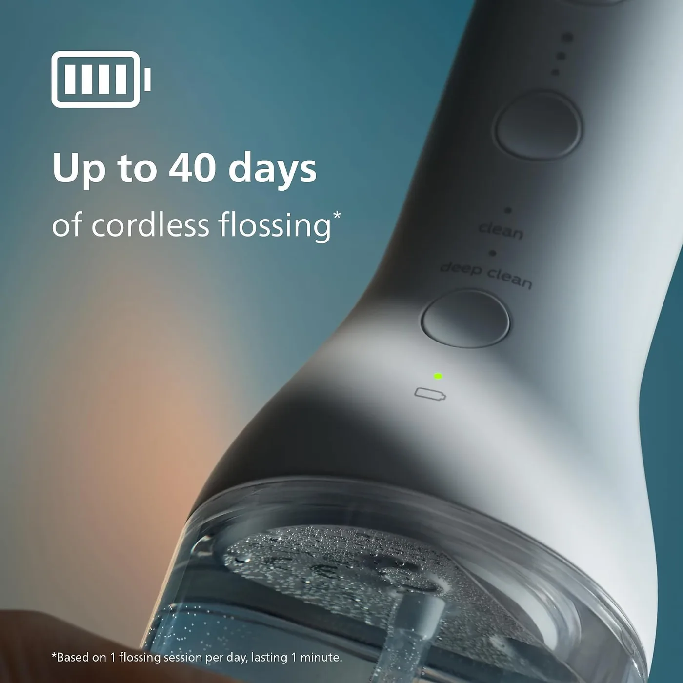Close-up of the Philips Sonicare Power Flosser 3000 handle showing the battery indicator and the mode buttons