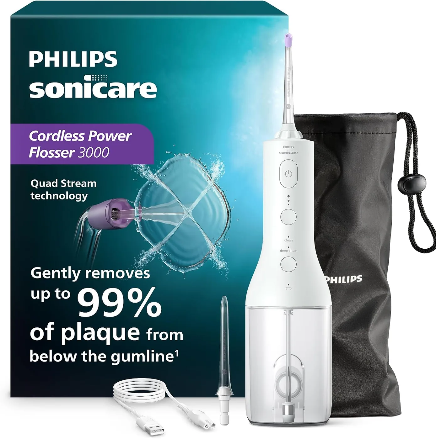 Philips Sonicare Power Flosser 3000 oral irrigator in white shown with its retail box, travel pouch, nozzles and charging cable