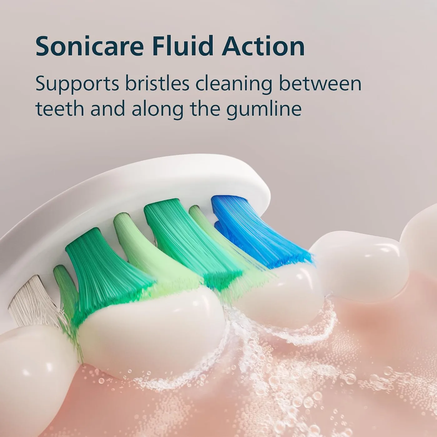 Manufacturer illustration of the Philips Sonicare 2100 brush head working fluid between teeth and along the gumline