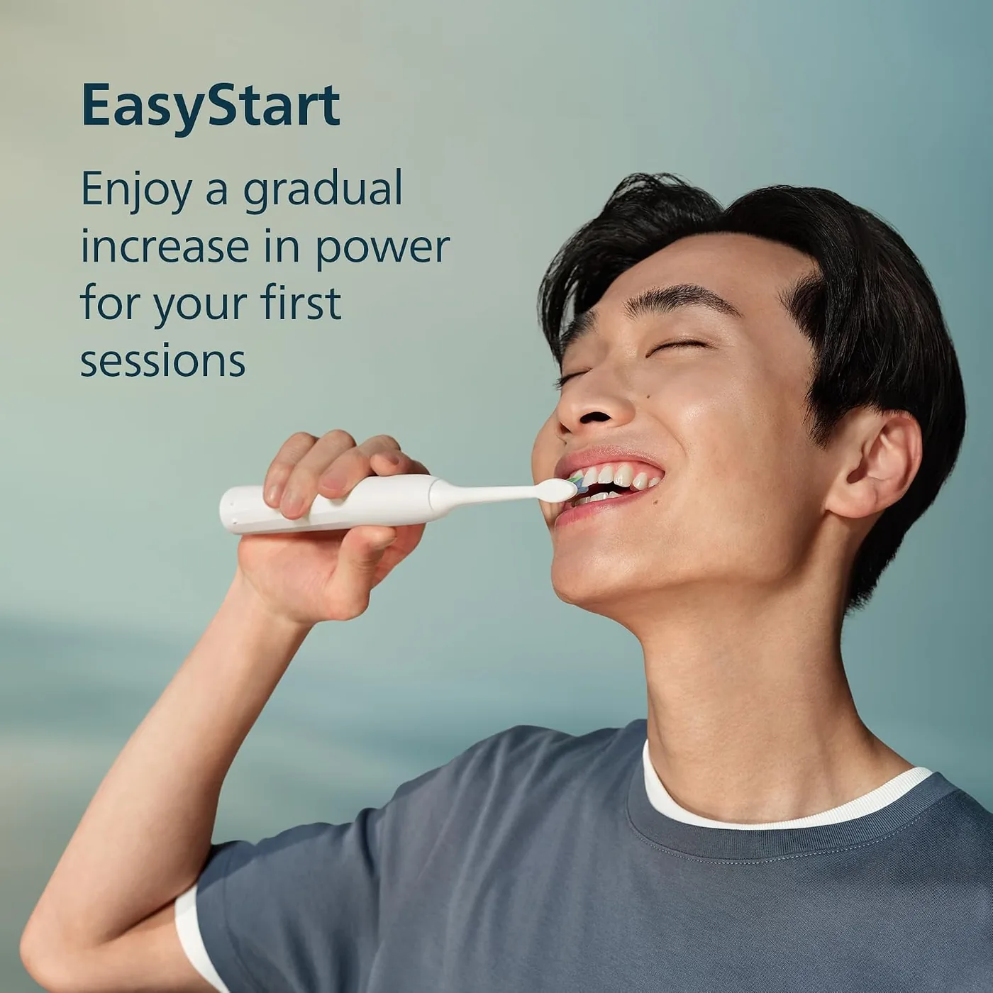 Person brushing with the Philips Sonicare 2100 in a manufacturer EasyStart graphic