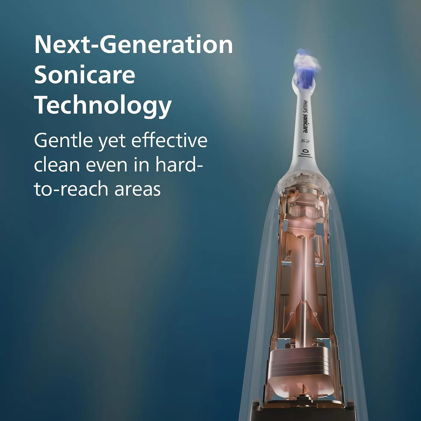 Cutaway illustration of the Philips Sonicare 5300 handle showing the drive mechanism inside the shaft