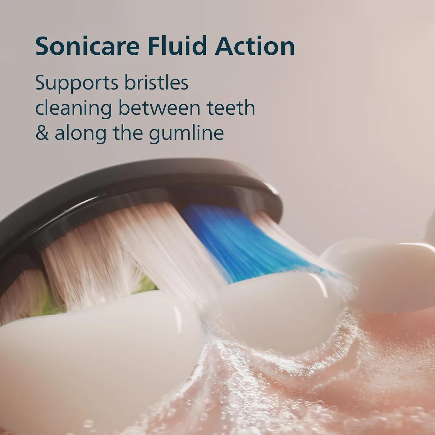 Manufacturer illustration of the Philips Sonicare 5300 brush head working fluid between teeth and along the gumline