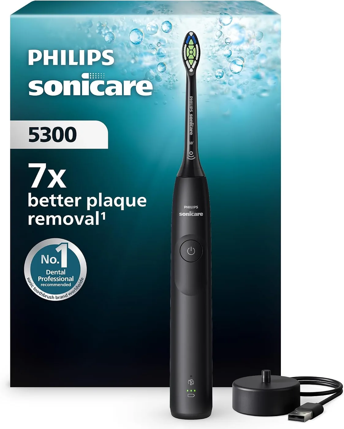 Philips Sonicare 5300 electric toothbrush in black shown with its retail box, charging dock and brush head