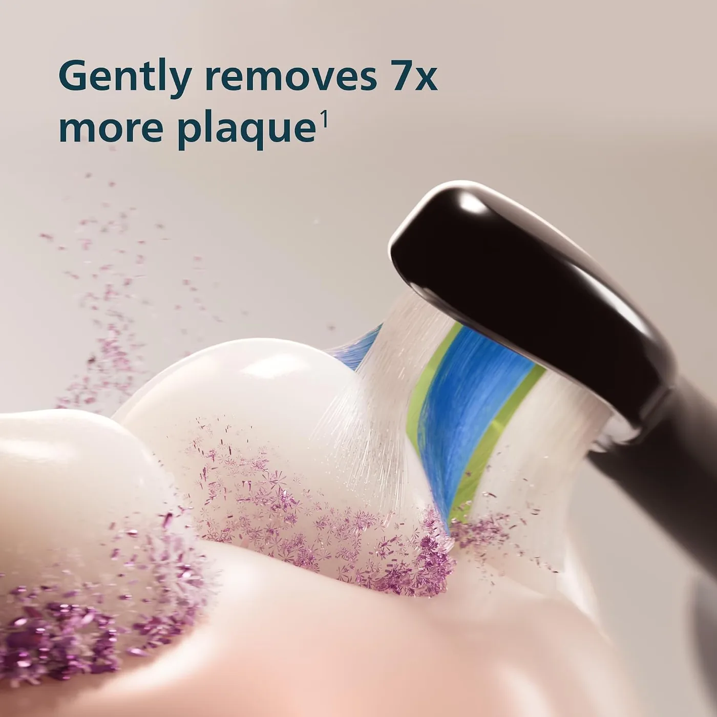 Manufacturer graphic showing plaque being removed from a tooth by the Philips Sonicare 5300 brush head