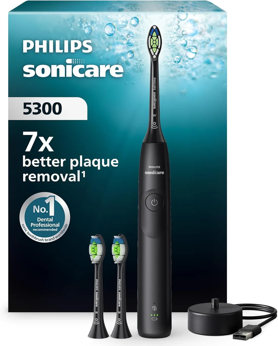 Philips Sonicare 5300 electric toothbrush in black shown with its retail box, charging dock and brush head