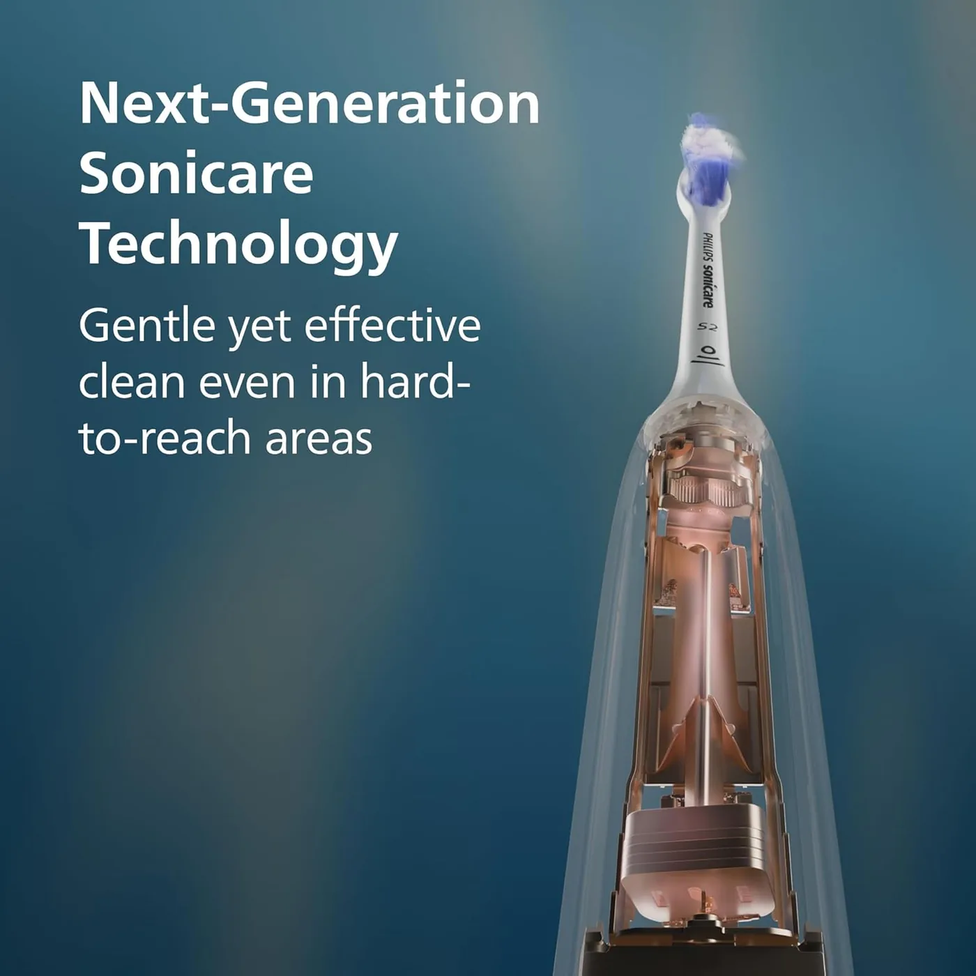 Cutaway illustration of the Philips Sonicare 5300 handle showing the drive mechanism inside the shaft