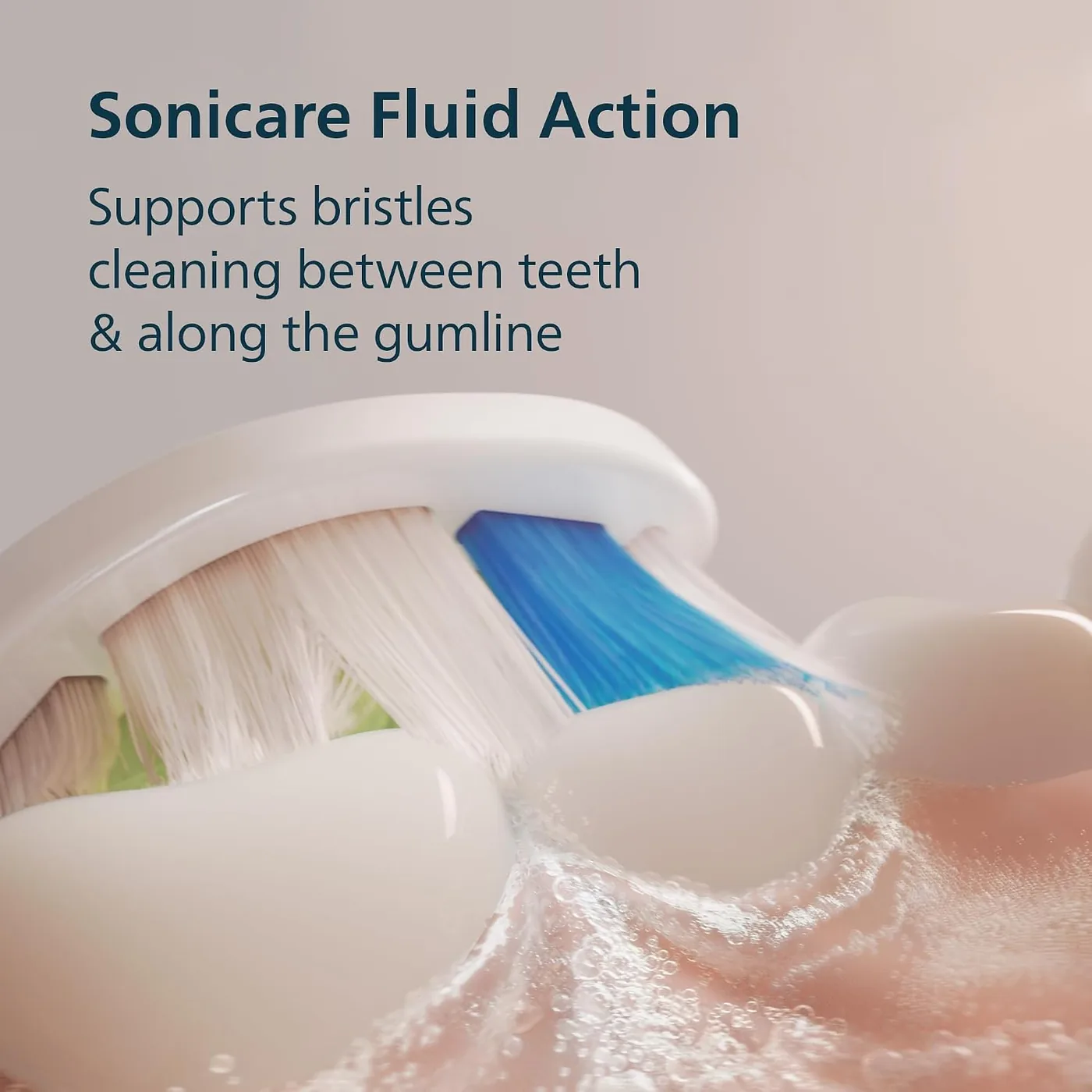 Manufacturer illustration of the Philips Sonicare 5300 brush head working fluid between teeth and along the gumline