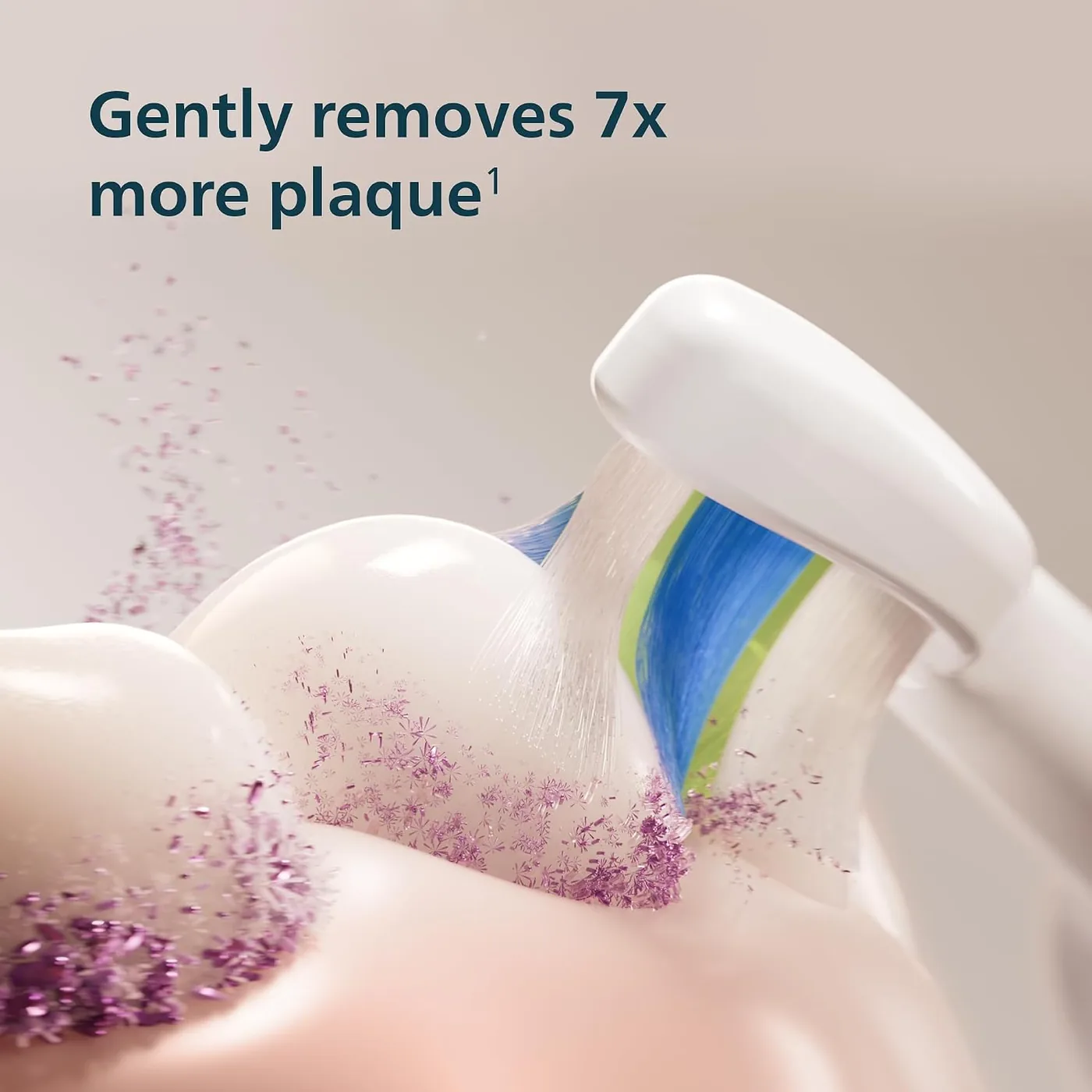 Manufacturer graphic showing plaque being removed from a tooth by the Philips Sonicare 5300 brush head
