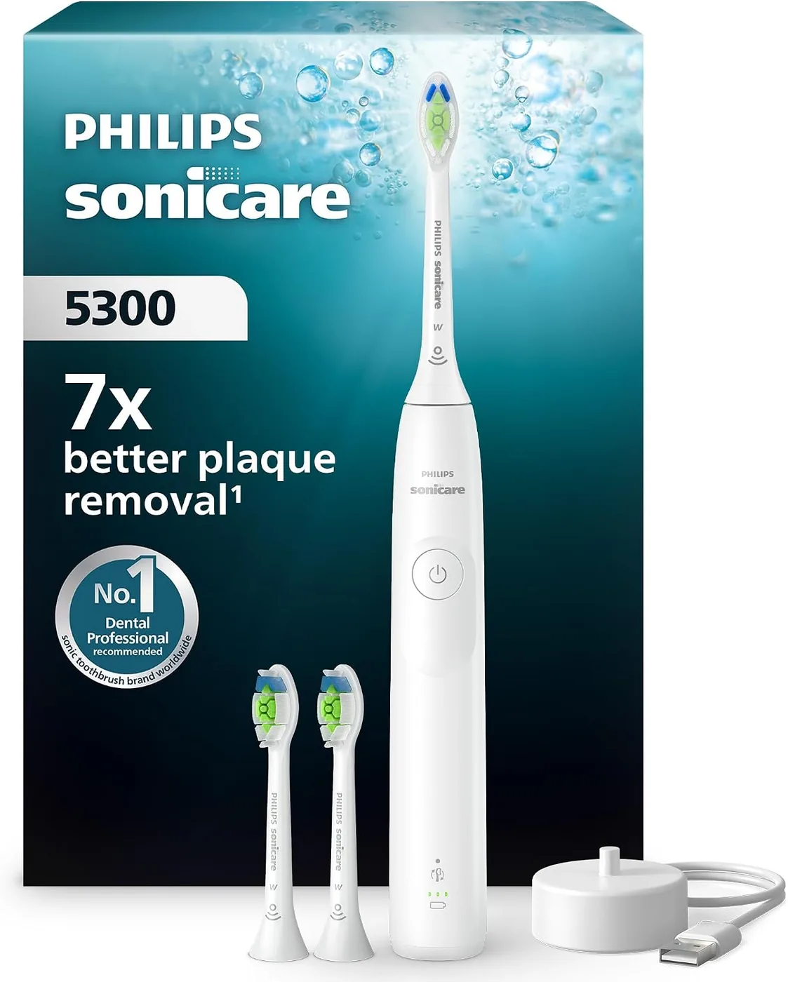 Philips Sonicare 5300 electric toothbrush in black shown with its retail box, charging dock and brush head