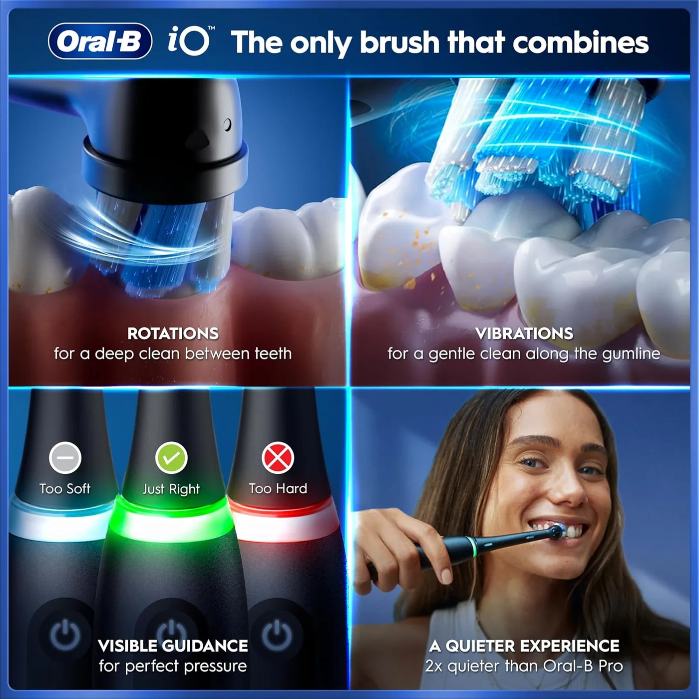 Manufacturer graphic comparing the rotating action and the vibrating action of the Oral-B iO5 brush head against a tooth