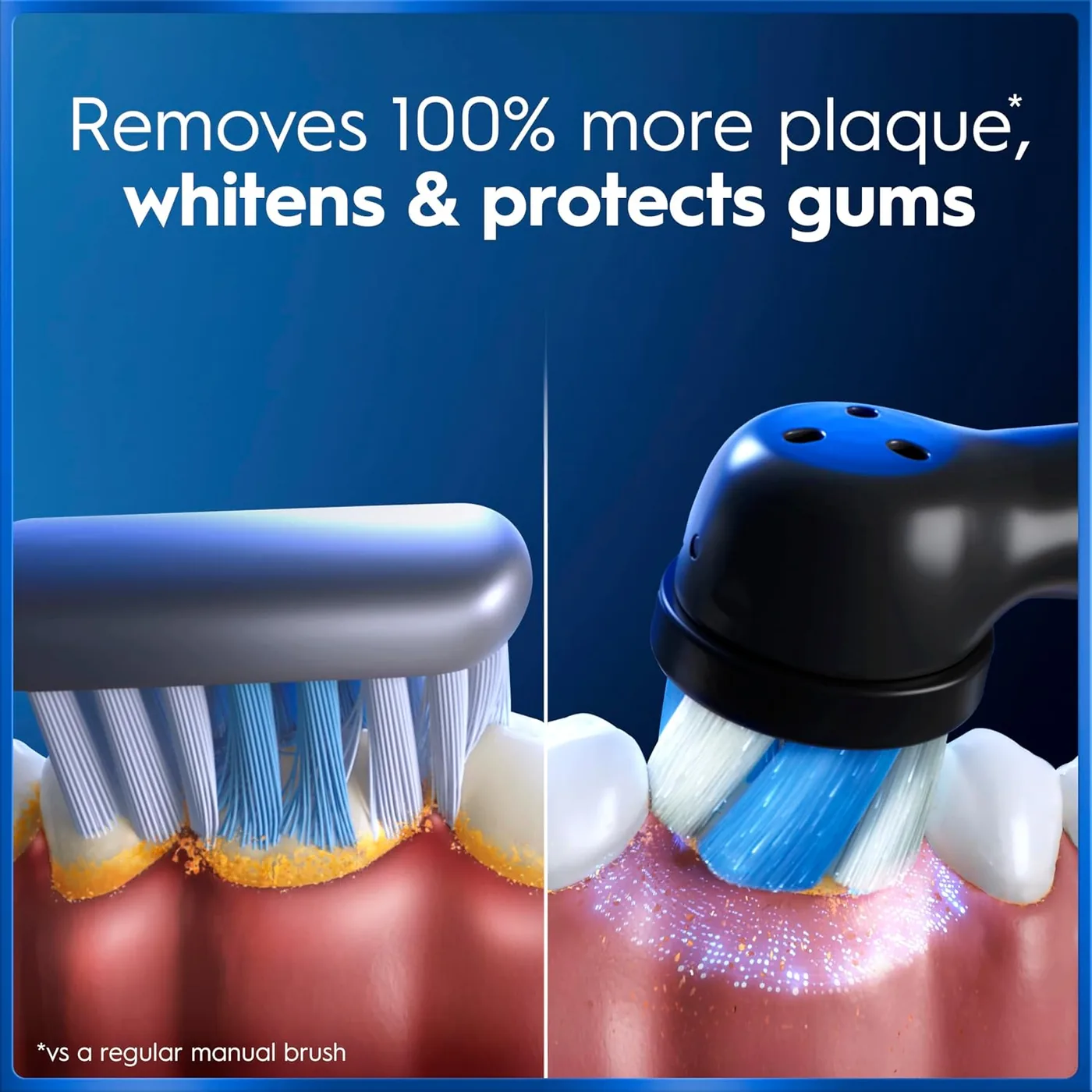 Four-panel manufacturer graphic showing the Oral-B iO5 rotations and vibrations, the pressure sensor light and a person brushing