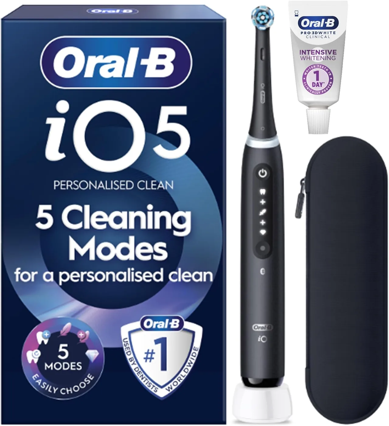 Oral-B iO5 electric toothbrush shown with its retail box, handle, brush head and travel case