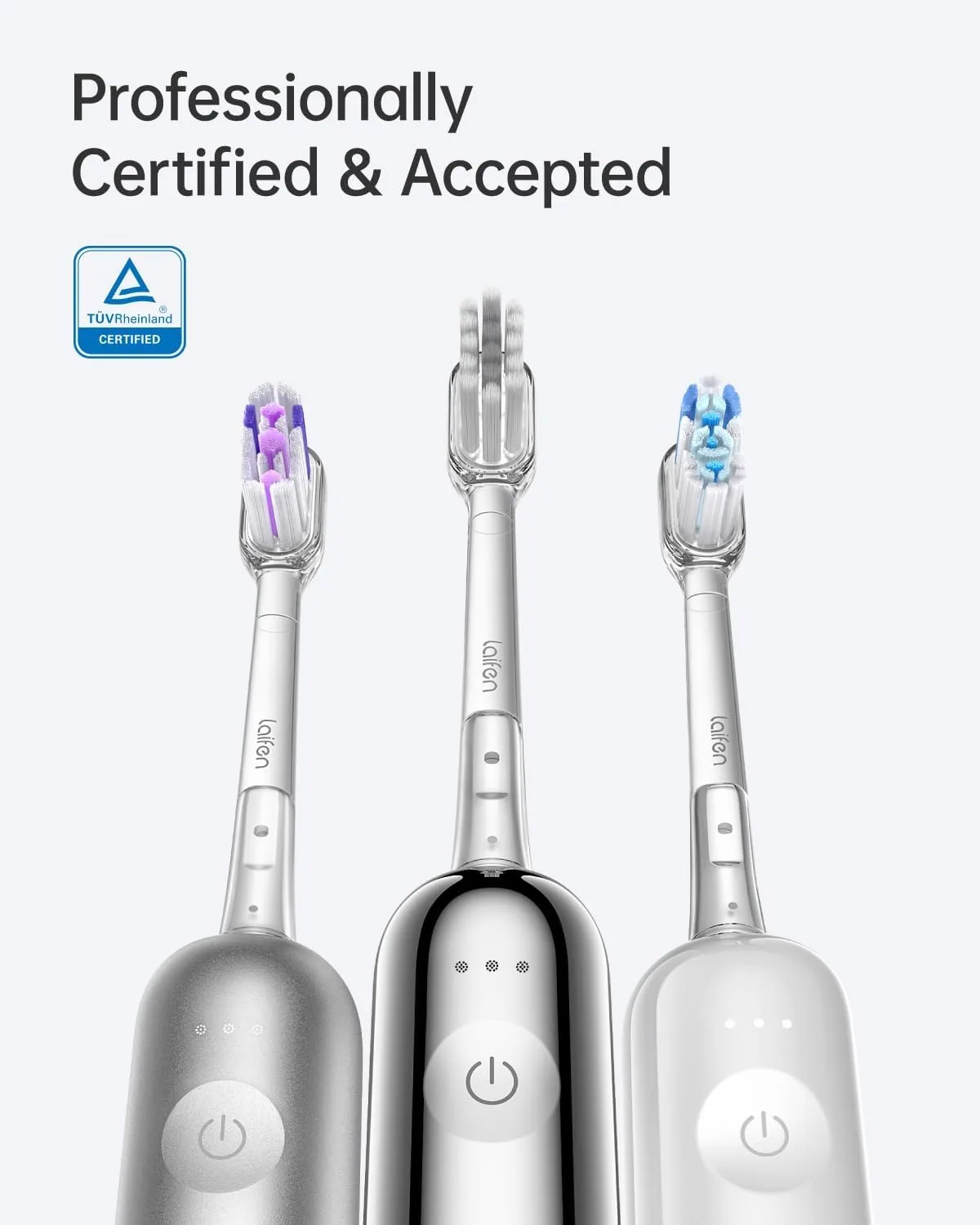 Laifen Super Clean brush heads with three Laifen handles and the manufacturer's TUV certified mark