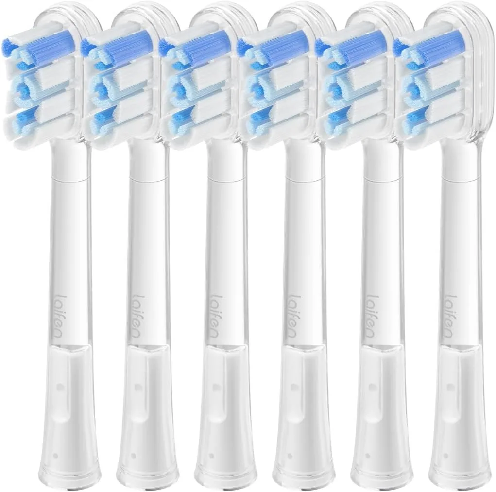 Laifen Replacement Toothbrush Heads, 6 Pack, Super Clean, Copper-Free and TUV Certified, Compatible with All Laifen Models, TPU Cushioned Back, Dynamic Balance, Fade Indicator Bristles