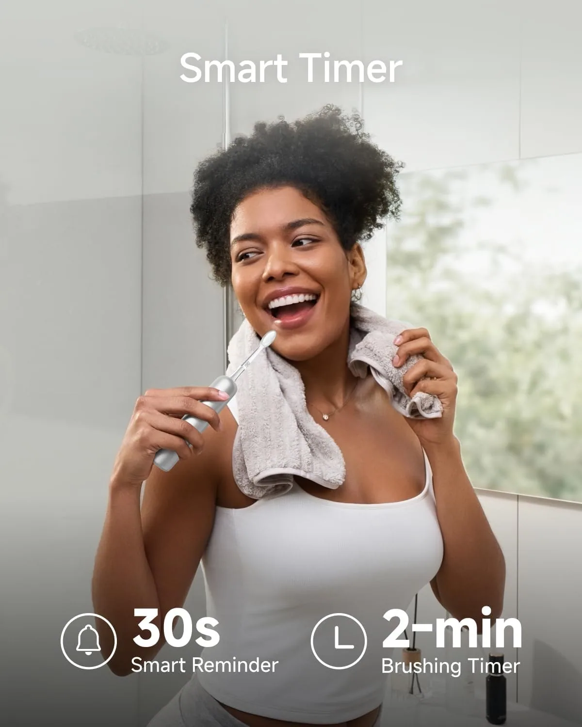 Smart timer graphic showing a 30-second quadrant reminder and a two-minute brushing timer