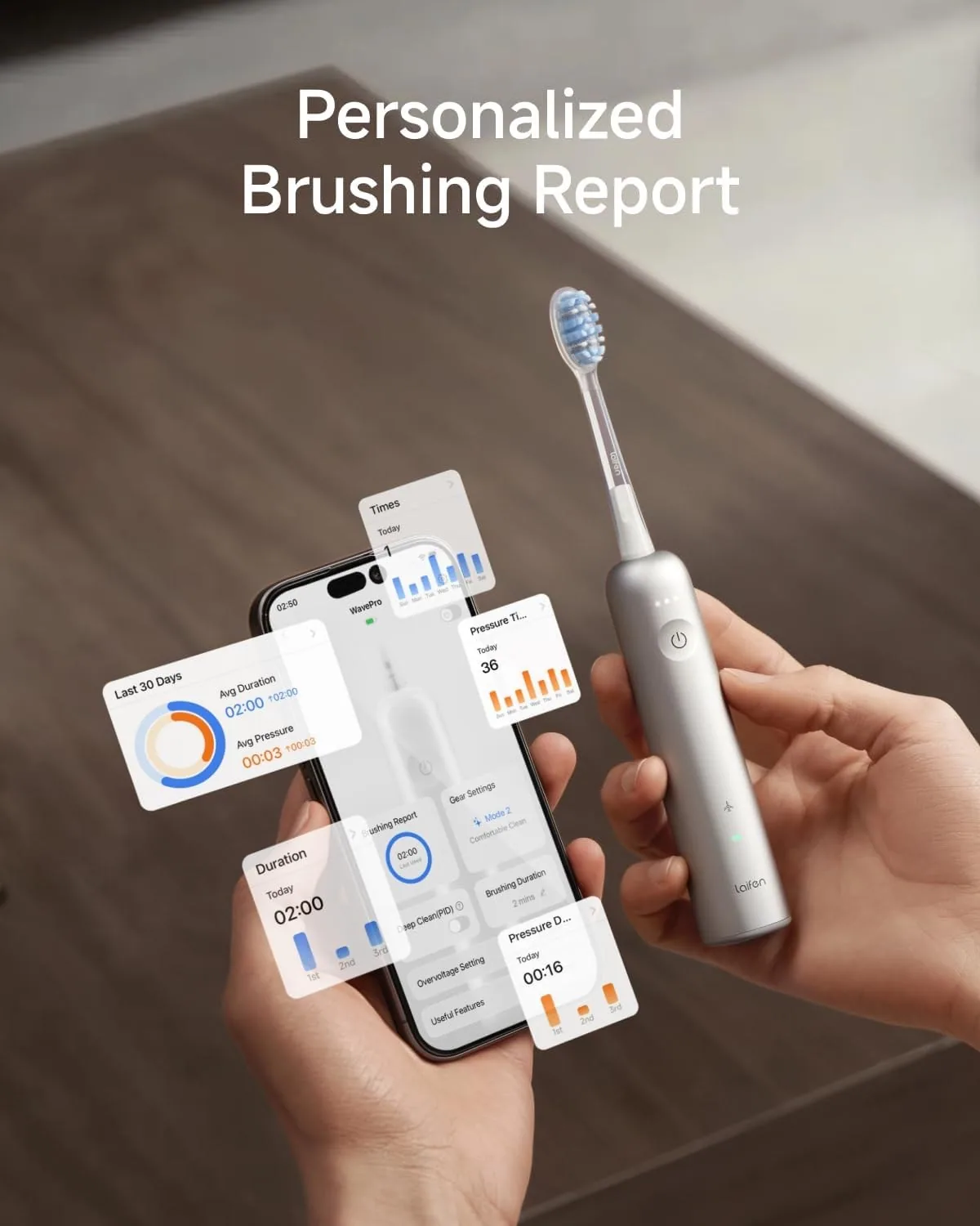 Laifen Wave Pro held in a hand next to a phone showing personalised brushing report cards