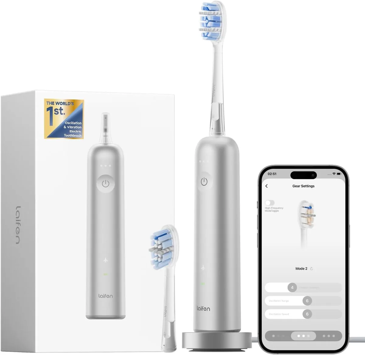 Laifen Wave Pro electric toothbrush in aluminium alloy with its charging dock and the Laifen app screen