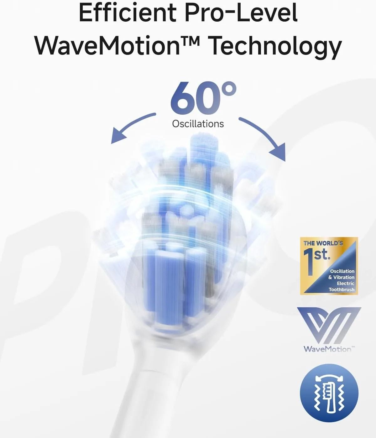 Close-up of a Laifen brush head with a graphic marking the 60-degree oscillation angle