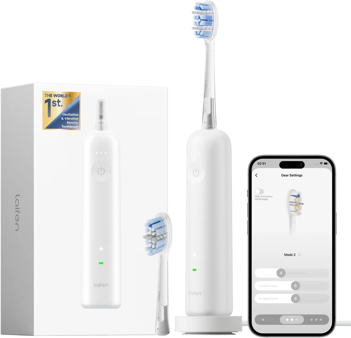 Laifen Wave Pro electric toothbrush in white with its charging dock and the Laifen app screen