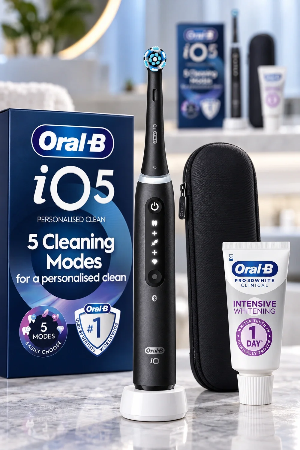 Close-up of Oral-B iO5 Matt Black electric toothbrush, brush head and bundle details