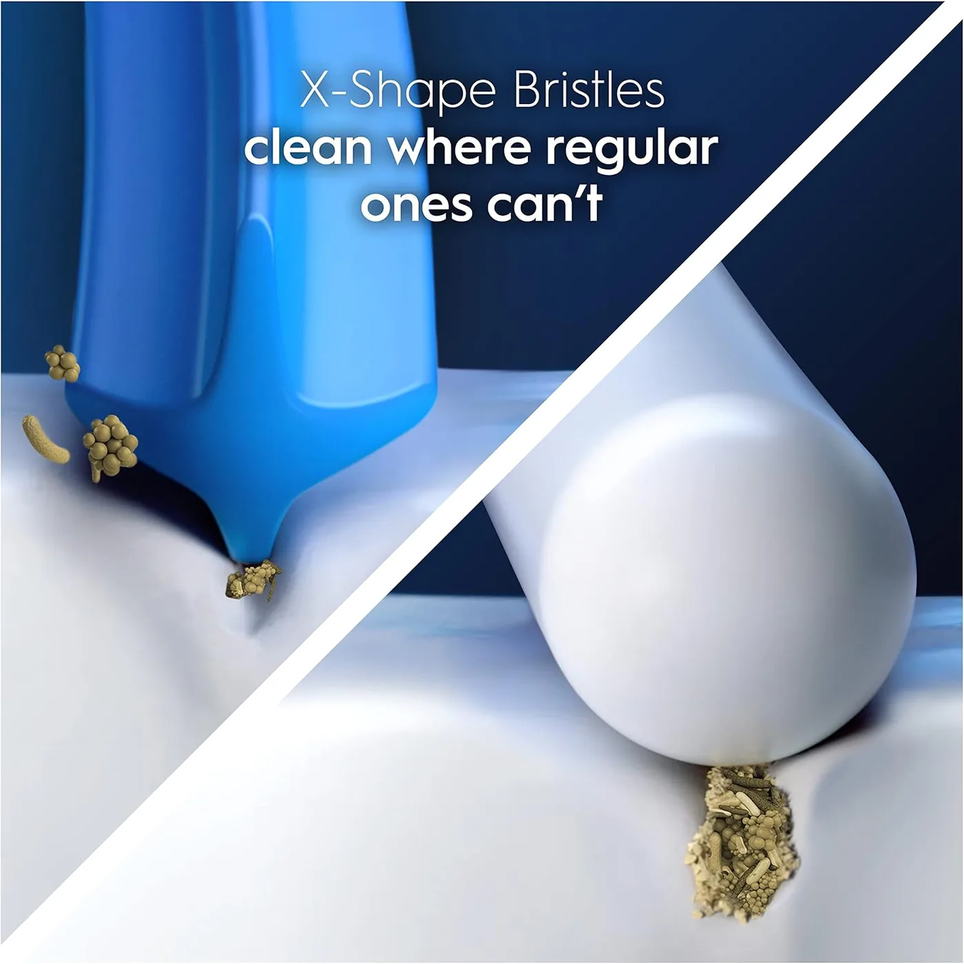 Manufacturer graphic comparing the X-shaped bristle field of the Oral-B Pro Precision Clean brush heads with a standard head
