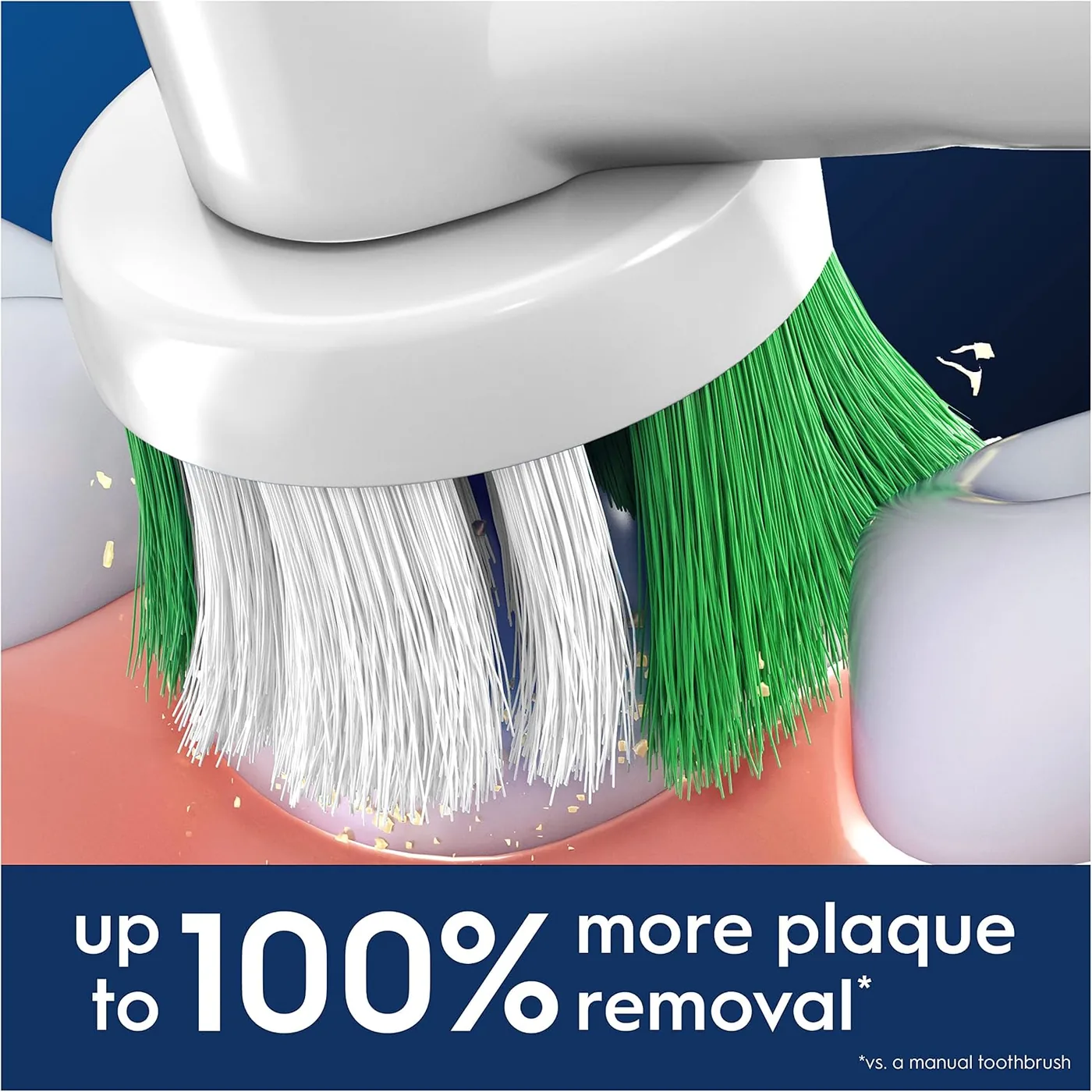 Close-up of an Oral-B Pro Precision Clean brush heads on a tooth showing green and white angled bristles