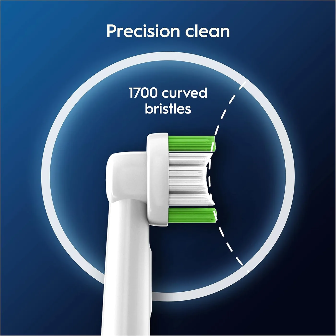 Illustration of an Oral-B Pro Precision Clean brush heads showing its seventeen hundred curved bristles
