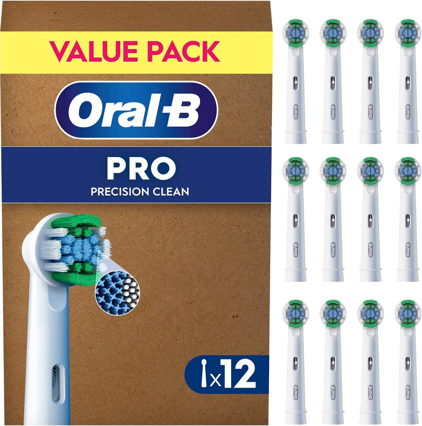 Retail box of Oral-B Pro Precision Clean brush heads with the twelve replacement heads shown alongside it