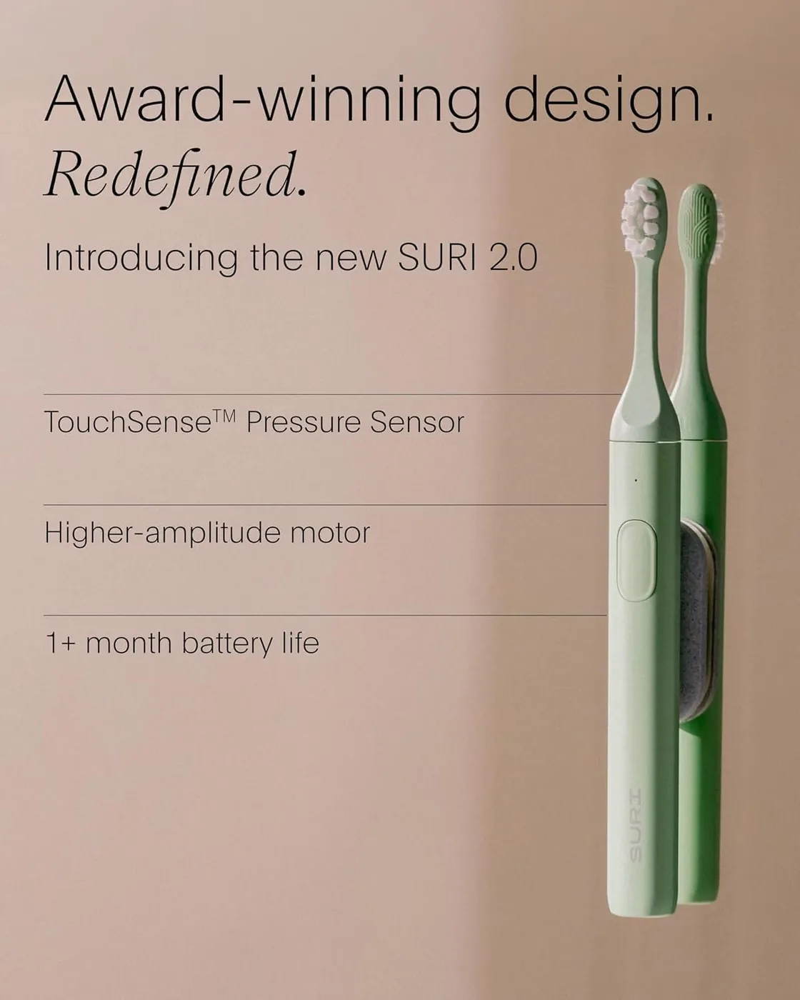 Manufacturer graphic listing the SURI Pro 2.0 TouchSense pressure sensor, higher-amplitude motor and one-month battery life