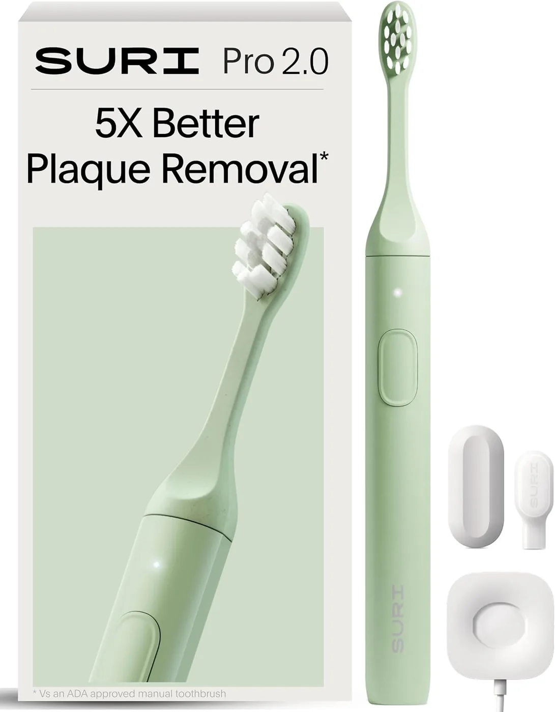 SURI Pro 2.0 toothbrush shown with its retail box, plant-based brush head and magnetic charging stand