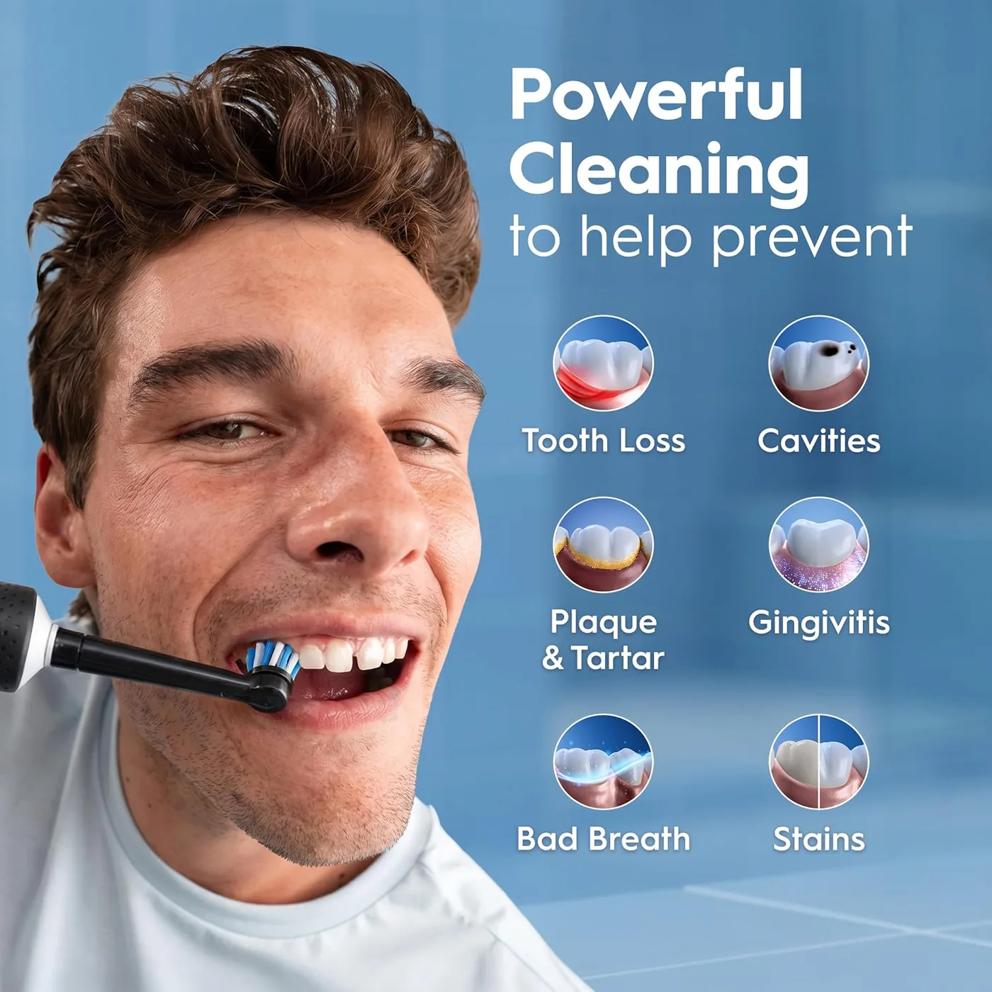 Manufacturer graphic listing tooth loss, cavities, plaque and tartar, gingivitis, bad breath and stains