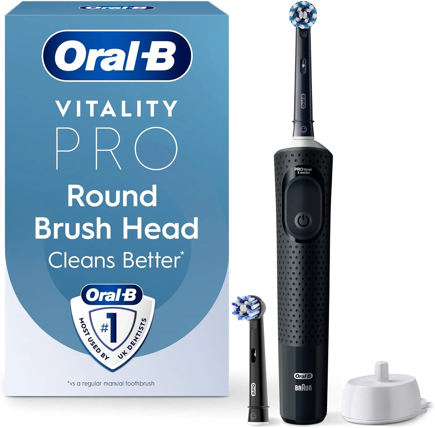 Oral-B Vitality Pro electric toothbrush shown with its retail box, handle, brush head and charging stand