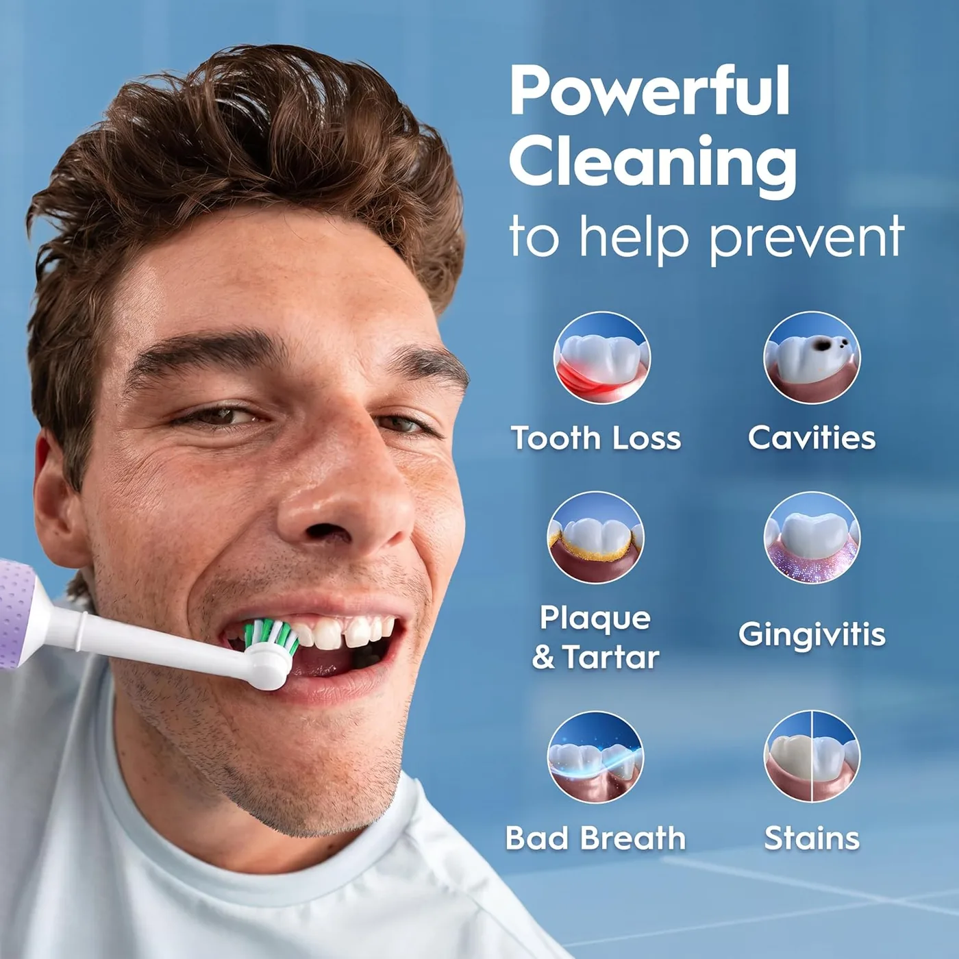 Manufacturer graphic listing tooth loss, cavities, plaque and tartar, gingivitis, bad breath and stains