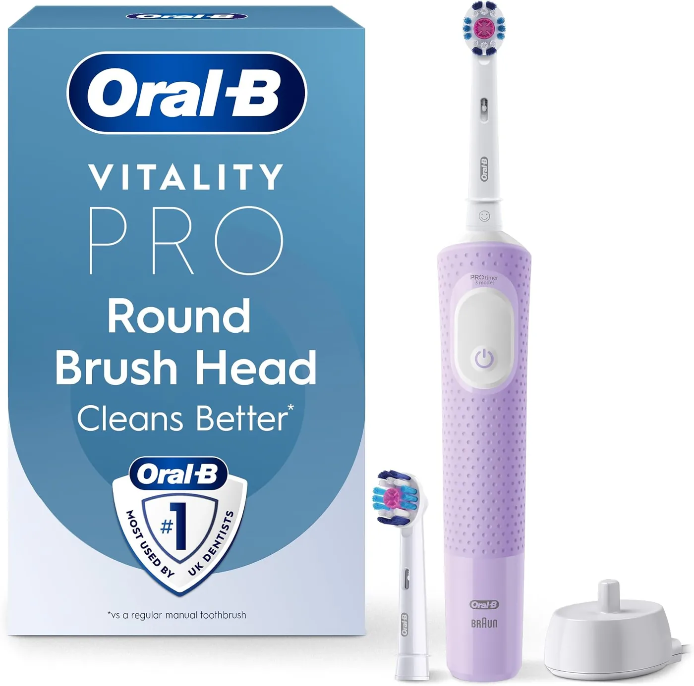 Oral-B Vitality Pro electric toothbrush shown with its retail box, handle, brush head and charging stand